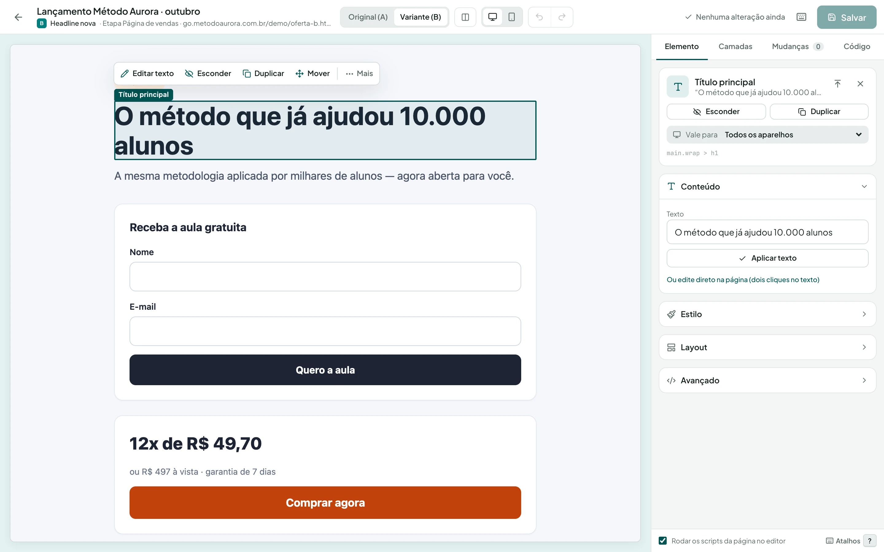 Editor visual da variante B da página de vendas: o título principal selecionado na própria página, com as ações Editar texto, Esconder, Duplicar e Mover, e o painel lateral de Conteúdo, Estilo, Layout e Avançado.