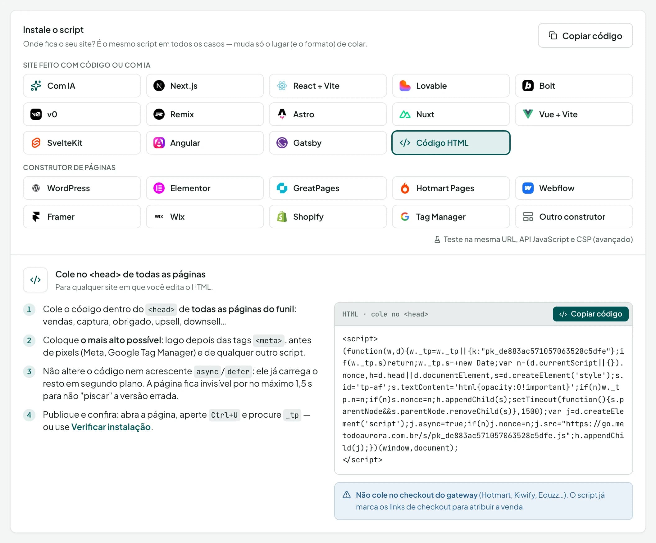Tela Instale o script, com as opções de onde o site foi feito: Com IA, Next.js, React + Vite, Lovable, Bolt, v0, Remix, Astro, Nuxt, Vue + Vite, SvelteKit, Angular, Gatsby e Código HTML; e os construtores de páginas WordPress, Elementor, GreatPages, Hotmart Pages, Webflow, Framer, Wix, Shopify e Tag Manager.